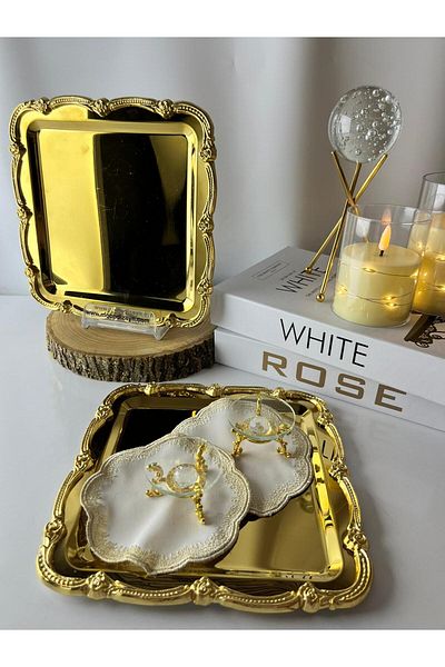 Moon Dizayn 6-Person Presentation Set Presentation Napkin Turkish Delight Bowl Gold Tray Casting Gold Rose Frame