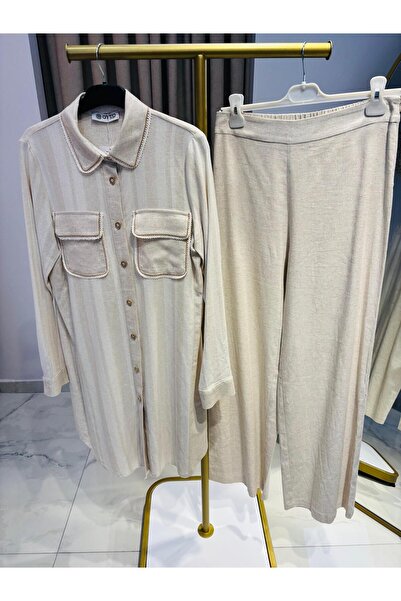 Otto بدلة كتان مع بنطلون مخطط ومستقيم باللون البيج