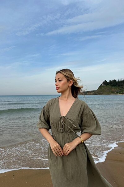 mylove فستان كاربوزول بأكمام موسلين كاكي