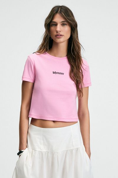 GRIMELANGE Zeraya Women's Crew Neck Short Sleeve Crop Pink T-Shirt with Embroidery Detail on the Front
