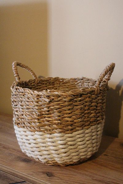 Paganca Thick Knitted Bottom Straw Basket with Handles and Cream Striped Medium Size