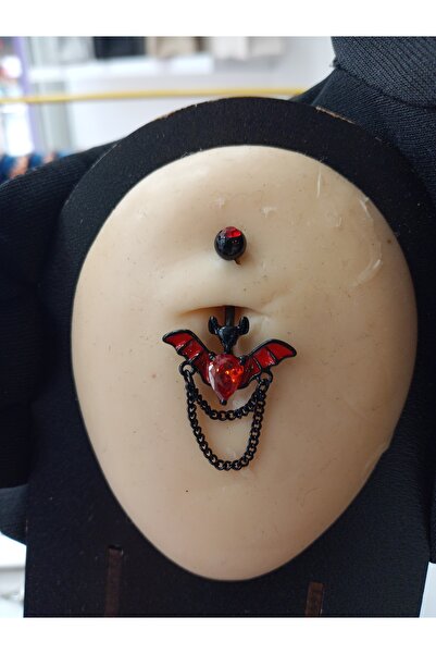 MODA Gotik Tarz Siyah Zincirli Kırmızı Kalpli Yarasa Göbek Piercing 316L | Bu...