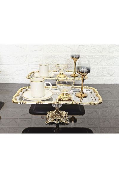 atabey home collection 1 قطعة صينية تقديم فضية اللون بإطار ذهبي وردي وصينية القهوة والشاي 32 سم