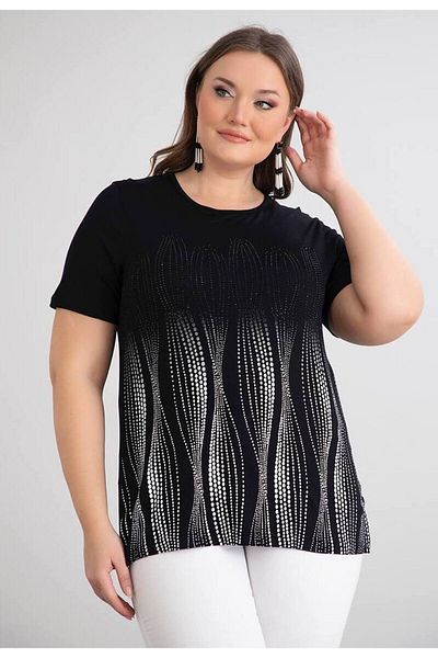 FOR ESRA BIG TREND Women's Plus Size Stone and White Pattern Print Short Sleeve Wide Neckline Side Slit Stretchy Blouse