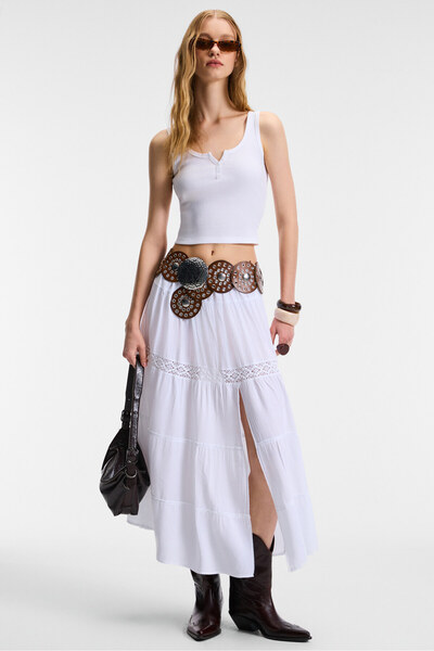 GRIMELANGE Mavsera Women's Thick Strap U Neck Button Crop Slim White Tank Top