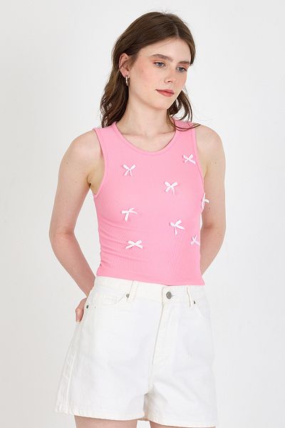 Rays Pink Bow Embroidered Crop Knitted Undershirt 0849