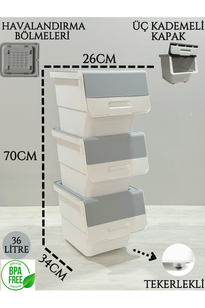 Mulina Home 3'lü Gri Beyaz Patateslik Soğanlık & Çok Amaçlı Sepet 36Lt