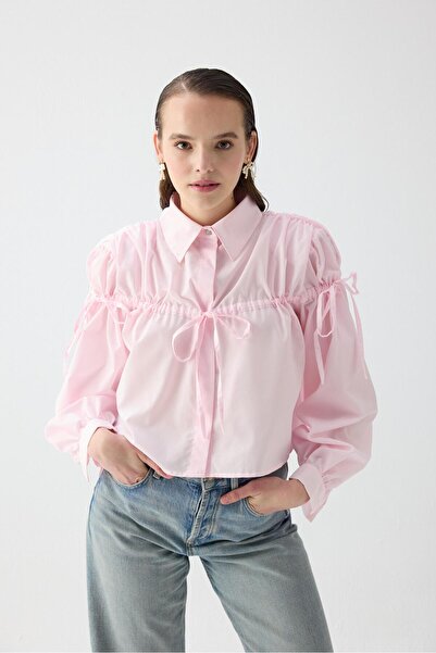 QALVE Büzgülü Kısa Gömlek Pembe
