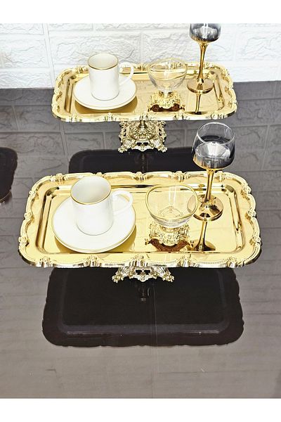 atabey home collection 6 قطع صينية تقديم ذهبية على شكل عصا ذهبية بإطار وردي وصينية قهوة وشاي 32 سم