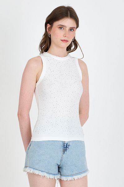 Rays Ecru Stone Embroidery Detailed Halter Neck Knitted Tank Top 0349