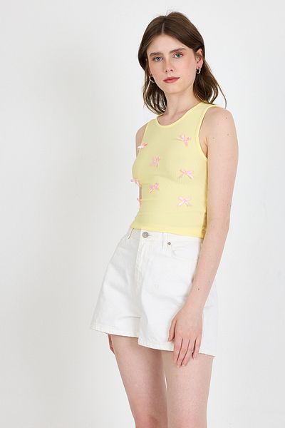 Rays Yellow Bow Embroidered Crop Knitted Undershirt 0849
