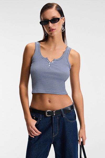 GRIMELANGE Mavsera Women's Thick Strap U-Neck Buttoned Crop Slim Navy Blue / White Undershirt