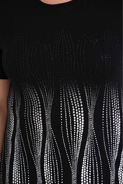 FOR ESRA BIG TREND Women's Plus Size Stone and White Pattern Print Short Sleeve Wide Neckline Side Slit Stretchy Blouse