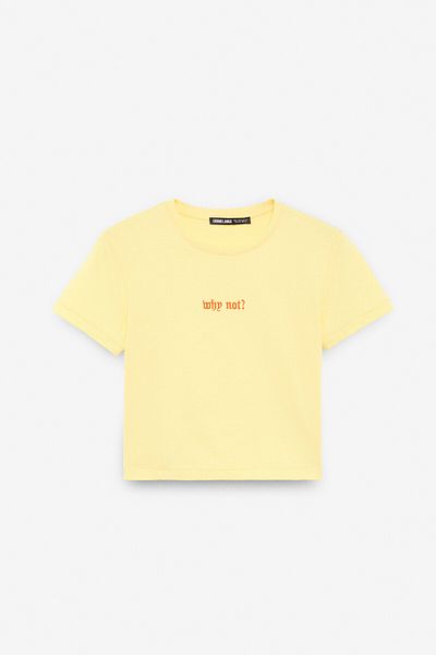 GRIMELANGE Zeraya Women's Crew Neck Short Sleeve Crop Yellow T-Shirt with Embroidery Detail on the Front