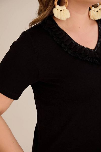 FOR ESRA BIG TREND Women's Plus Size V Neck Ruffle Sequins Sequin Double Layer Collar Detail Short Sleeve Stretchy Viscose Blouse
