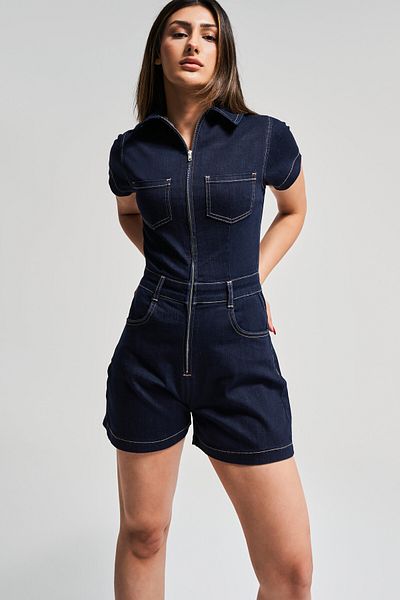 its basic Women's Indigo Color 7S5-50 Super Stretch Fabric Zipper Denim Shorts Jumpsuit