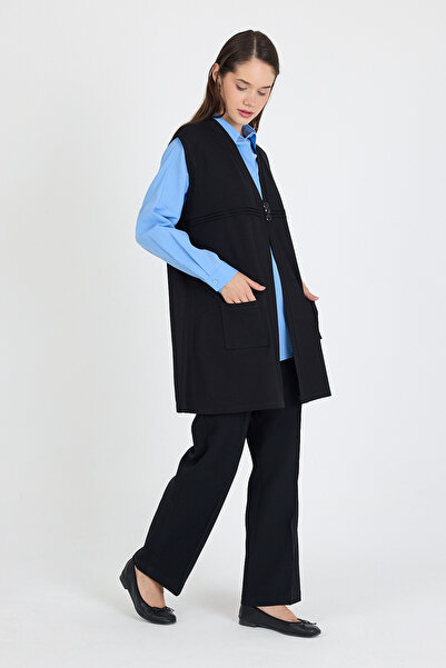 larocci Women's Standard V Neck Line Detailed Sleeveless Pocket Short Vest