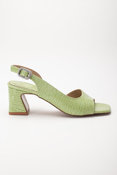 Dilimler Ayakkabı Women's Heeled Sandals Shoes Green Patent Leather Crocodile Printed Tan Stone Buckle