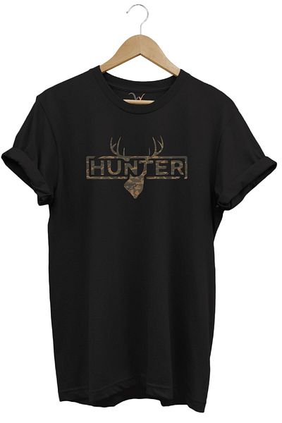 WİDİ Hunting Camouflage Pattern Deer and Hunter Text Printed 100% Cotton Regular Fit Crew Neck T-Shirt