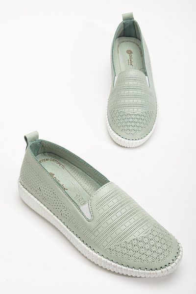 Dilimler Ayakkabı Genuine Leather Orthopedic Women's Casual Shoes Green Strapless Laser Printed