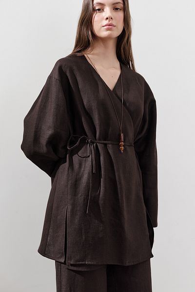 Manuka Linen Cruvaze Closure Kimono Aci Brown