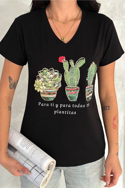 FEMELLE Tricou negru pentru femei, 100% bumbac, cu decolteu în V, paiete de cactus și broderie brodate