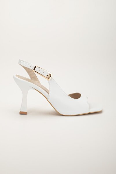 Dilimler Ayakkabı Kadi Heeled Sandals Shoes White Skin Side Big Buckle
