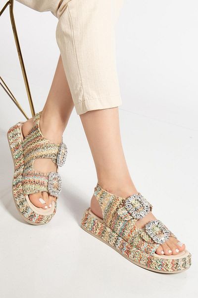 Dilimler Ayakkabı Women's Wedge Heel Sandals Nude Double Strap Straw Material Stone Buckle