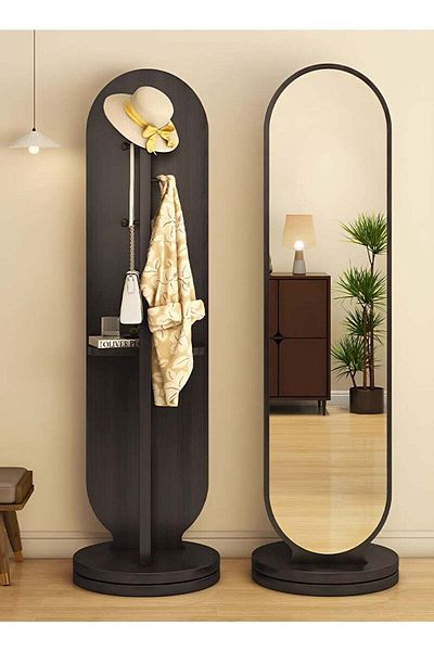 Taimi 360 Degree Rotating Mirror with Clothes Hanger and Storage Shelf for Bedroom Black 166x46cm