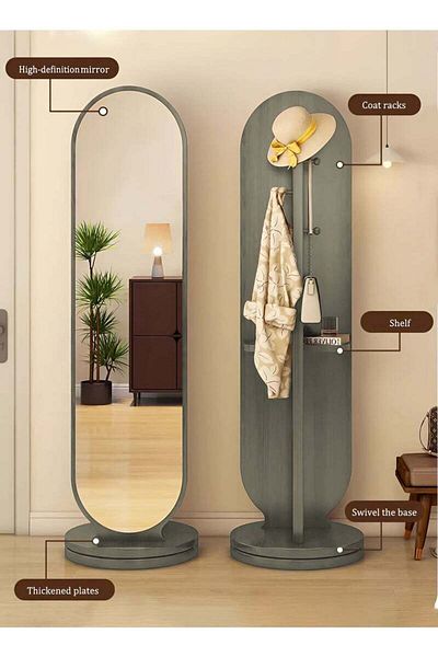 Taimi 360 Degree Rotating Mirror with Clothes Hanger and Storage Shelf for Bedroom Gray 166x46cm