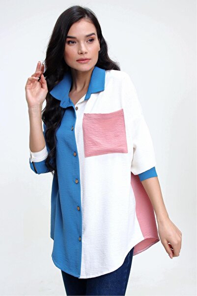 NEW LAVİVA Women's Indigo White Powder Long Sleeve Casual Airobin Shirt 3071