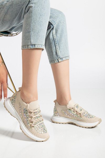 Dilimler Ayakkabı Women's Sports Shoes Beige Knitwear Stone Upholstered Thick Sole