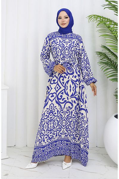sefamerve Φόρεμα με μοτίβο ζωσμένο 2091-02 Λευκό Navy Blue