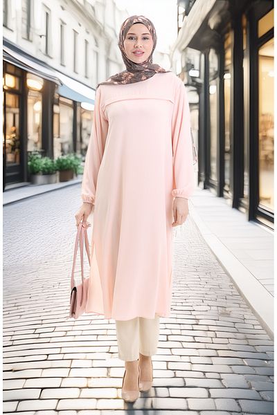 sefamerve Side Slit Long Tunic 4104-08 Powder