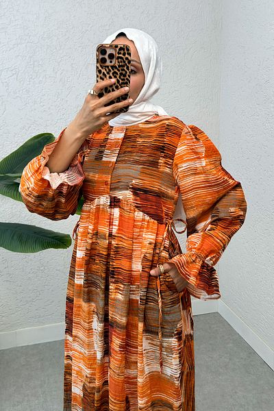 Salih Çelebi Mixed Pattern Hijab Dress 2328 - Orange