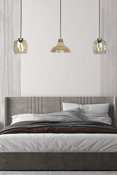 Bamyum Üçlü Lunex Cam Bal Rengi Avize İnce Eskitme Başlık Sarkıt Yemek Masası Üstü Iç Mekan Cafe Otel