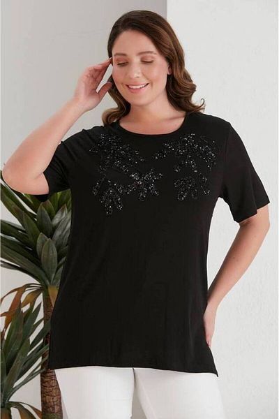 FOR ESRA BIG TREND Women's Plus Size Sequins Sequin Flower Embroidery Wide Collar Short Sleeve Stretchy Viscose Blouse