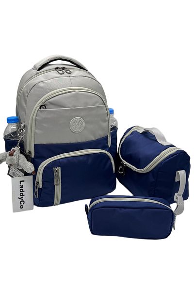 LaddyCo First School Bag Water Resistant Set of 3 Unisex Children's Primary School Bag Ldc-8010 Gray-Dark Blue