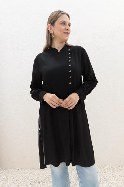 ALLDAY Black-Half Placket Slit Linen Tunic