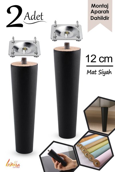 GLASWEN 2 Adet Ahşap Ayak 12 Cm Siyah M8 Civatalı Bağlantı Aparatlı Mobilya K...
