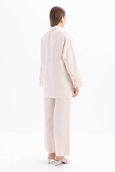 ALLDAY Stone-Wide Folded Slit Linen Trousers Suit