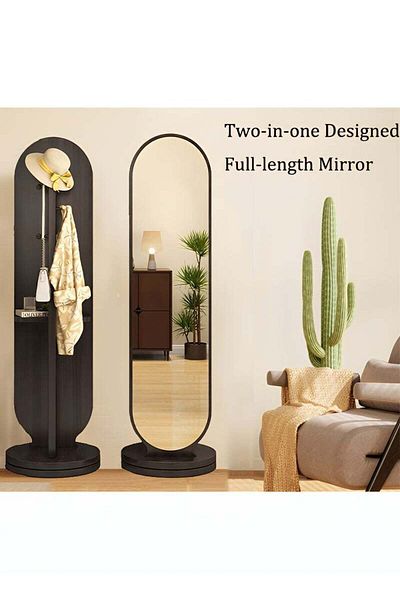 Taimi 360 Degree Rotating Mirror with Clothes Hanger and Storage Shelf for Bedroom Black 166x46cm