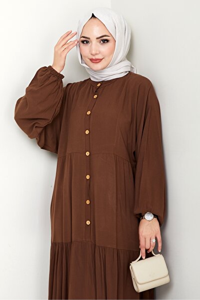 Bestenur Φόρεμα Kiyar με μισό κουμπί από υφαντό βισκόζη 1510 - Bitter Brown
