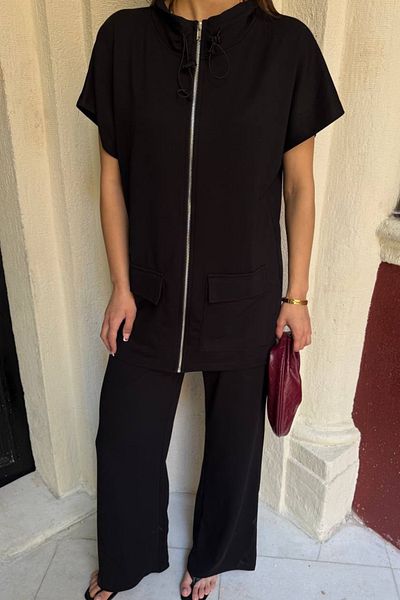 Ded COLLECTION Women's Zippered Long Length Pocket Detailed Short Sleeve Top Wide Leg Pants Sports Suit