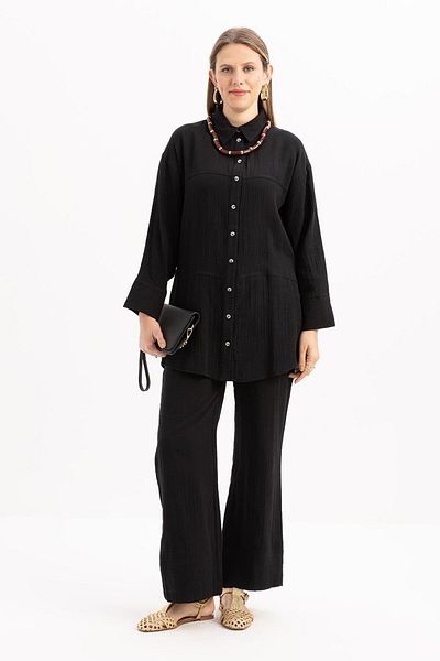 ALLDAY Black-Sewn Detailed Muslin Trousers Suit
