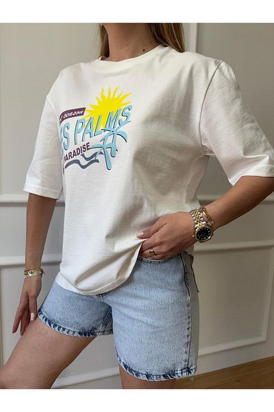 Size Özgü Ecru Les Palms Printed Tshirt