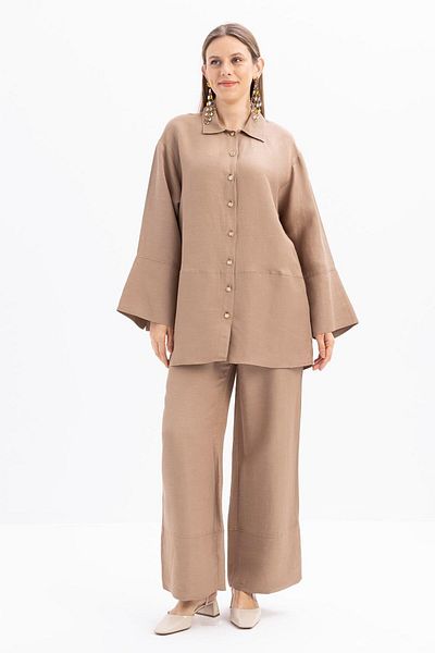 ALLDAY Mink-Wide Folded Slit Linen Trousers Suit