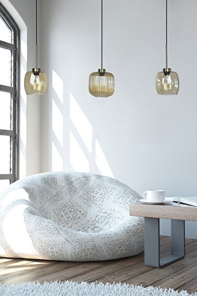 Bamyum Üçlü Lunex Cam Bal Rengi Avize İnce Eskitme Başlık Sarkıt Yemek Masası Üstü Iç Mekan Cafe Otel