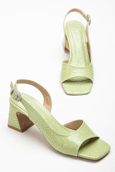 Dilimler Ayakkabı Women's Heeled Sandals Shoes Green Patent Leather Crocodile Printed Tan Stone Buckle
