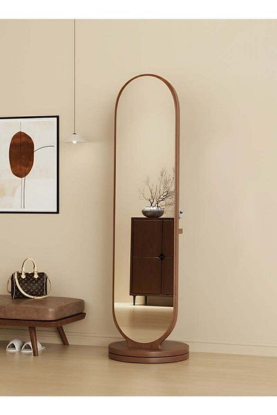 Taimi 360 Degree Rotating Mirror with Clothes Hanger and Storage Shelf for Bedroom Walnut Color 166x46cm